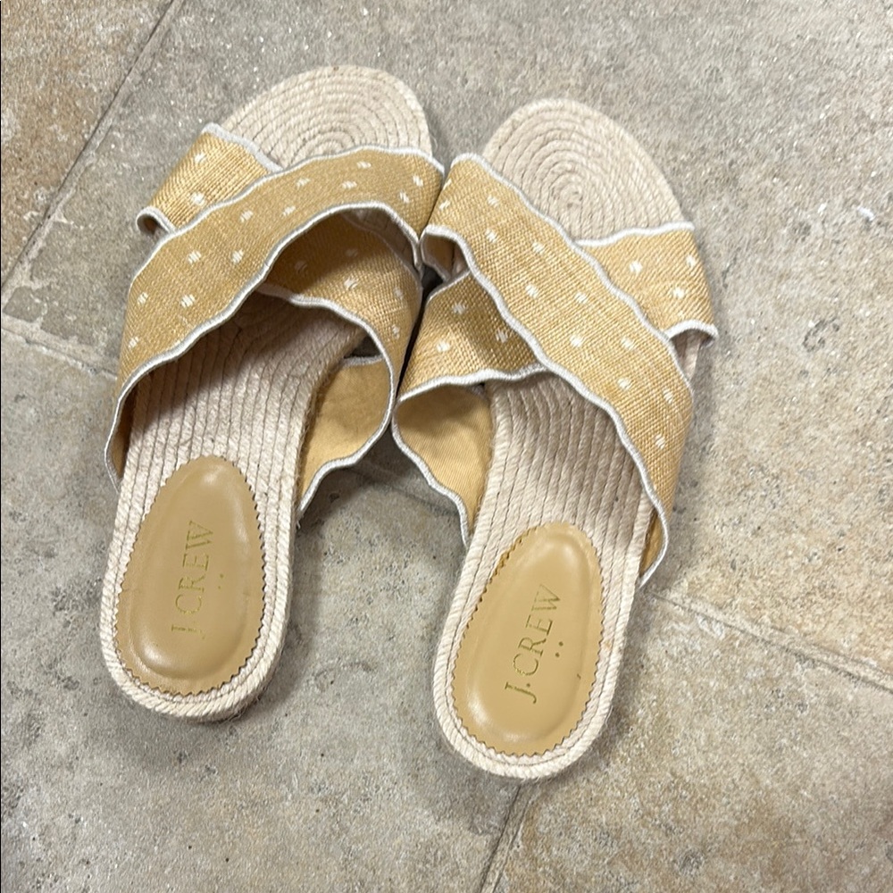 Never worn J. Crew Raffia Polka Dot Slide Sandals